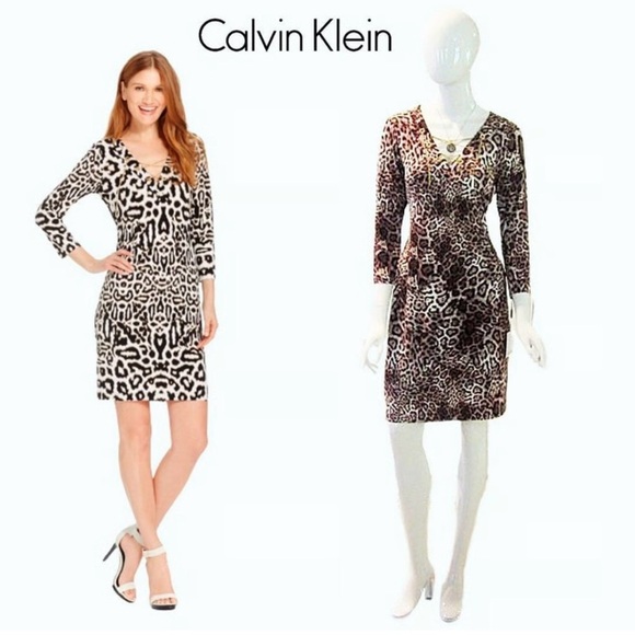 Calvin Klein Brown and Black Sheath Dress with Cuffed Sleeves - Picture 1 of 10